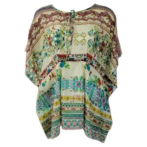 Johnny Was Floral Butterfly Silk Tunic Top Kaftan Kimono XS